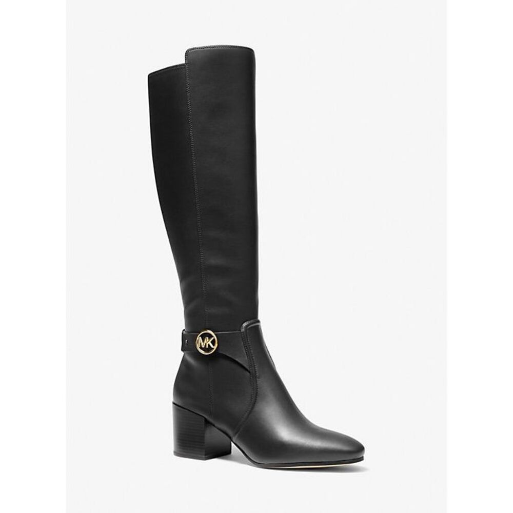 Michael Kors Side Zip Logo Buckle Carmen Leather Tall Riding Boots Black Sz 7.5M - Picture 2 of 12